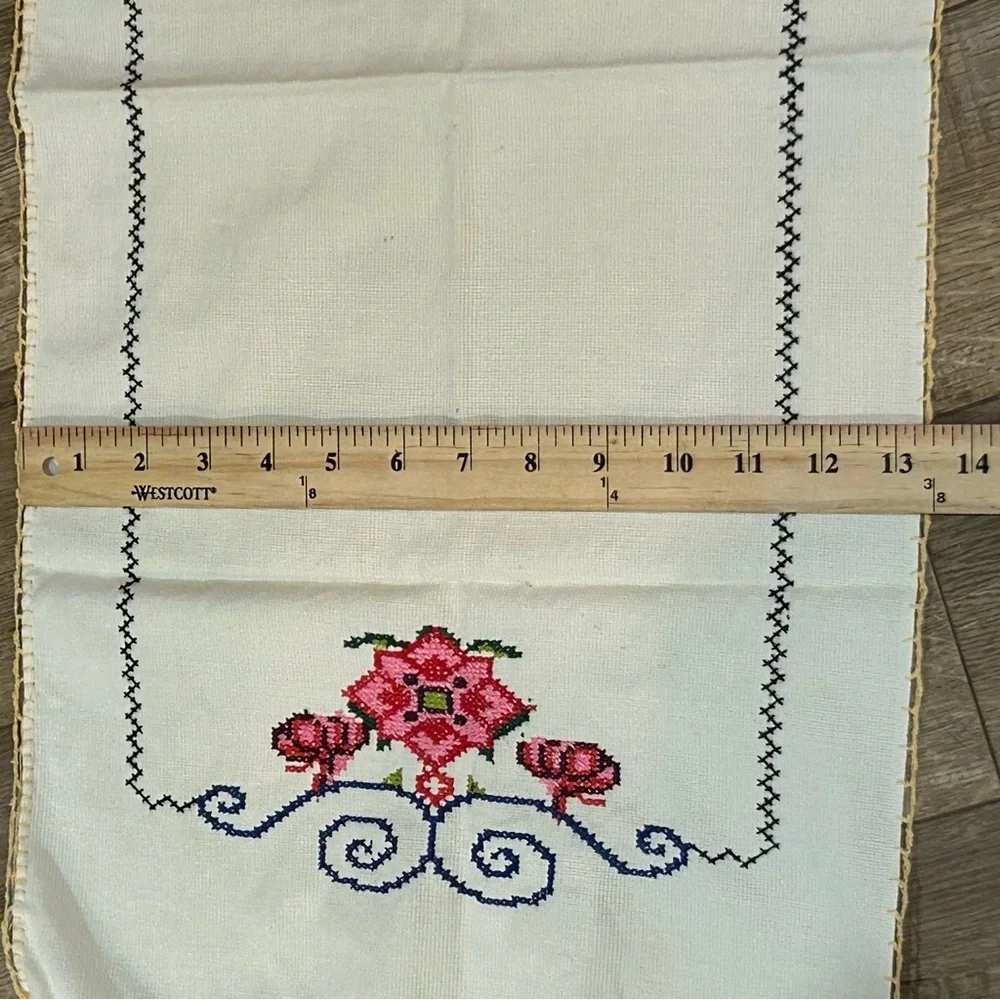 2 Vintage Hand Embroidered Table Runner Floral Design Crochet Edges MCM 13”x27”